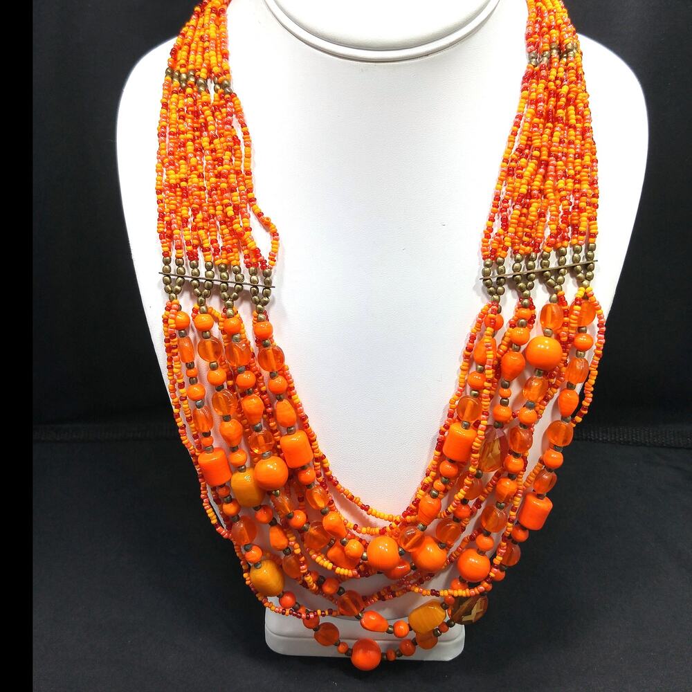 Vintage Czech Glass Bead Necklace, Orange Multistrand Boho Jewelry, 23 Inch